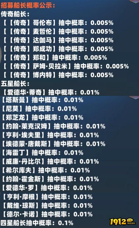 1912yx《航海霸业》概率公示